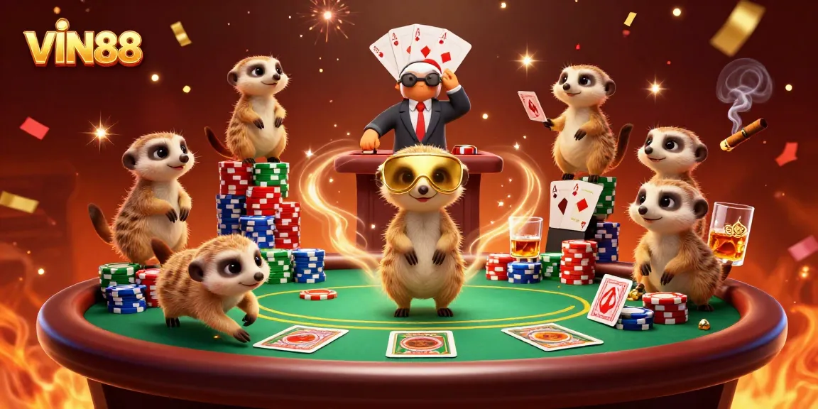 Experience the thrilling excitement of VIN88 with cartoon meerkats running a vibrant casino operation