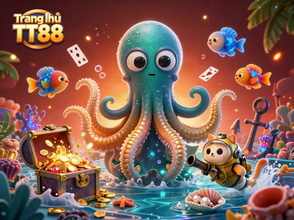 Engage in thrilling adventures at Trang chủ TT88 with a vibrant underwater scene featuring a kraken, a diving cat, and sparkling treasures.
