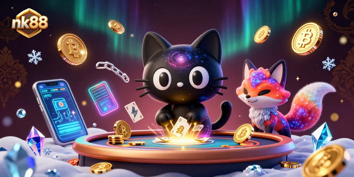 Engage with nk88 as the cosmic casino cat attracts chips and cards in a vibrant digital scene.