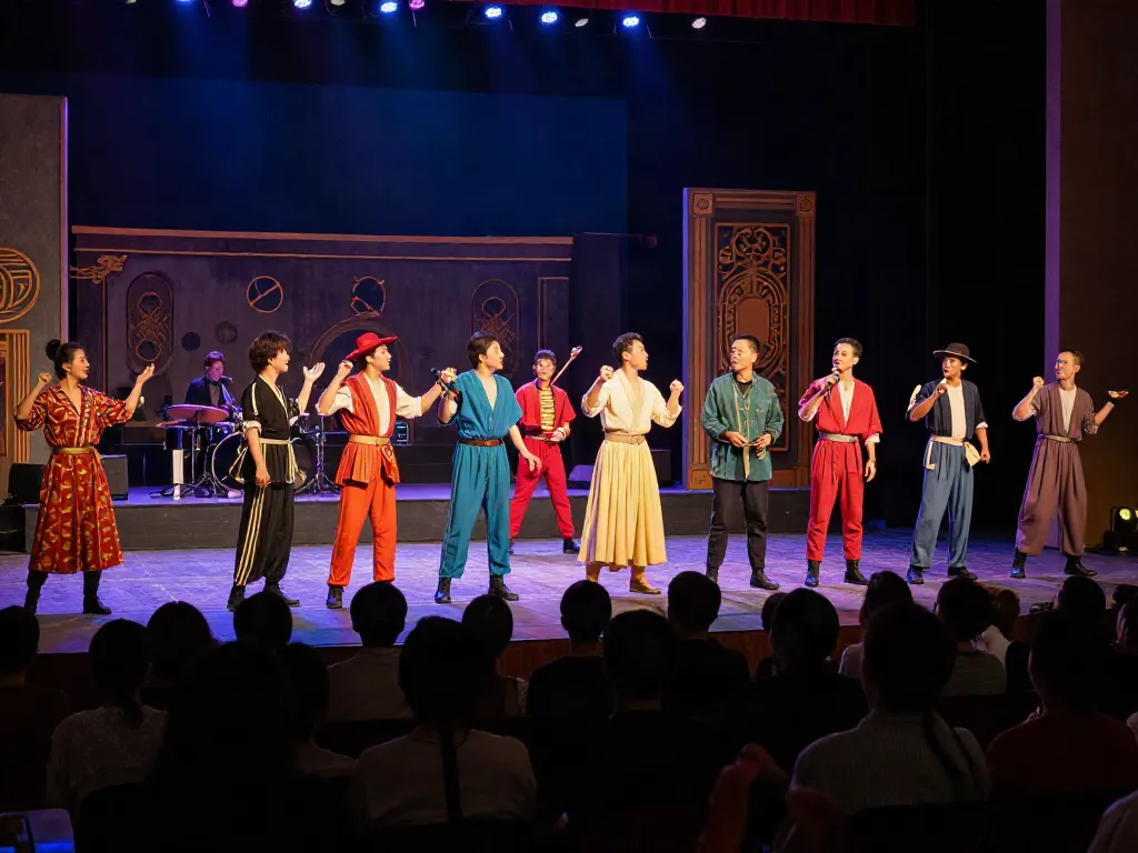 Engaging theatre performance featuring vibrant costumes and dynamic lighting, celebrating the essence of rokok88 super creativity.