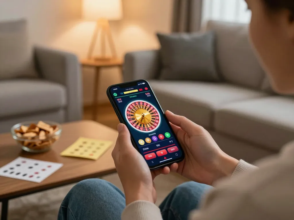 Player enjoying va88 mobile casino app with roulette game in cozy home setting.