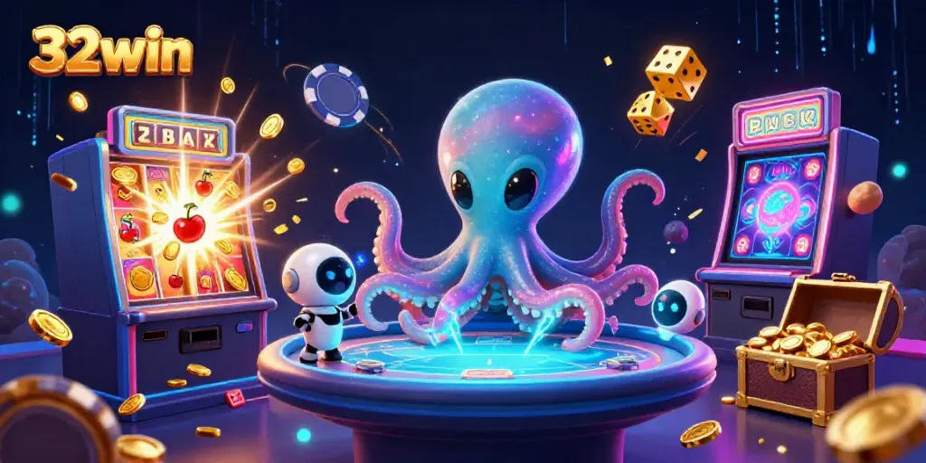 Engage in exciting gameplay with the alien octopus at 32win's thrilling holographic poker table.