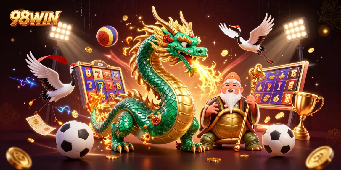 Engage with 98WIN as the emerald jade dragon breathes golden fire in a vibrant casino scene.