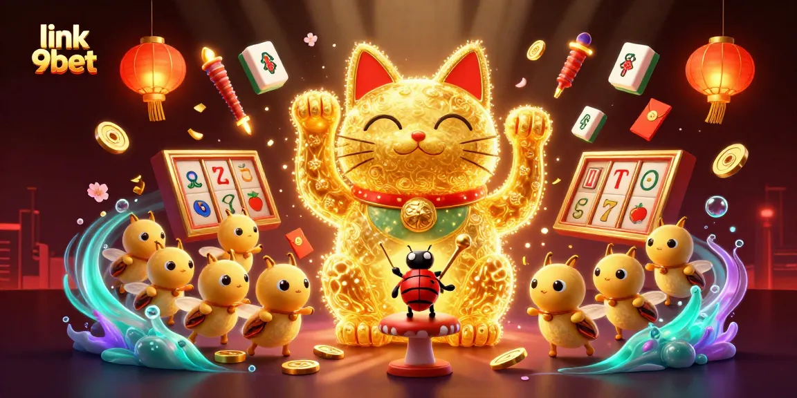 Engage with the vibrant world of link 9bet featuring golden fireflies and a lucky cat amidst dynamic casino symbols.