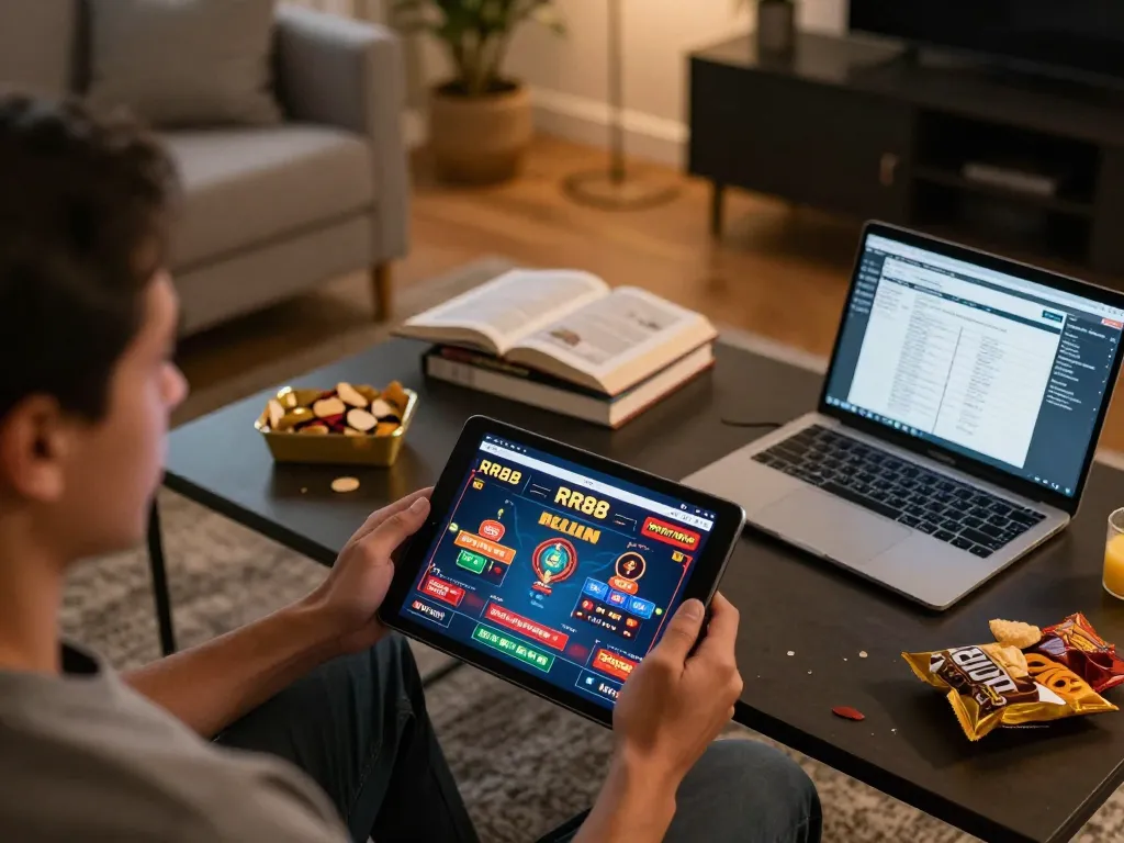 Player enjoying RR88 online casino gaming on tablet at home with strategy notes nearby