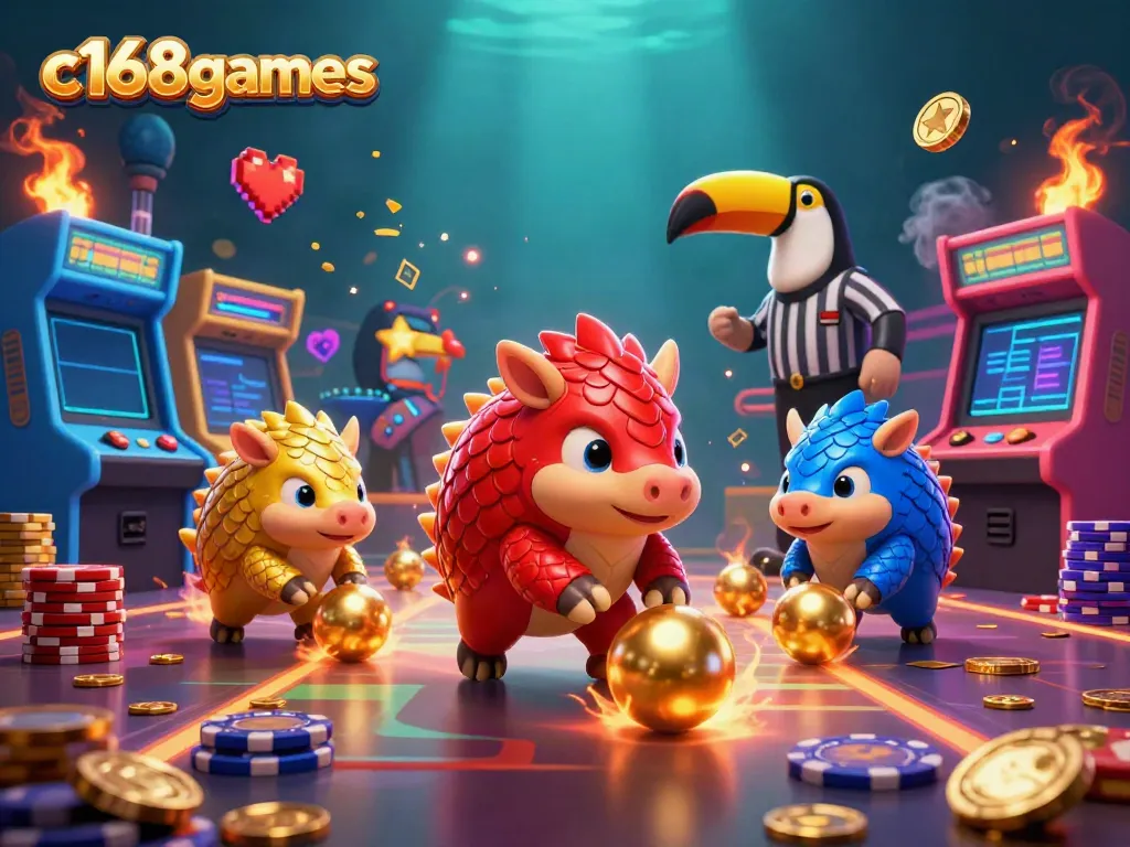 Experience thrilling gameplay with c168games as pangolins bowl through casino chips in a vibrant arcade.