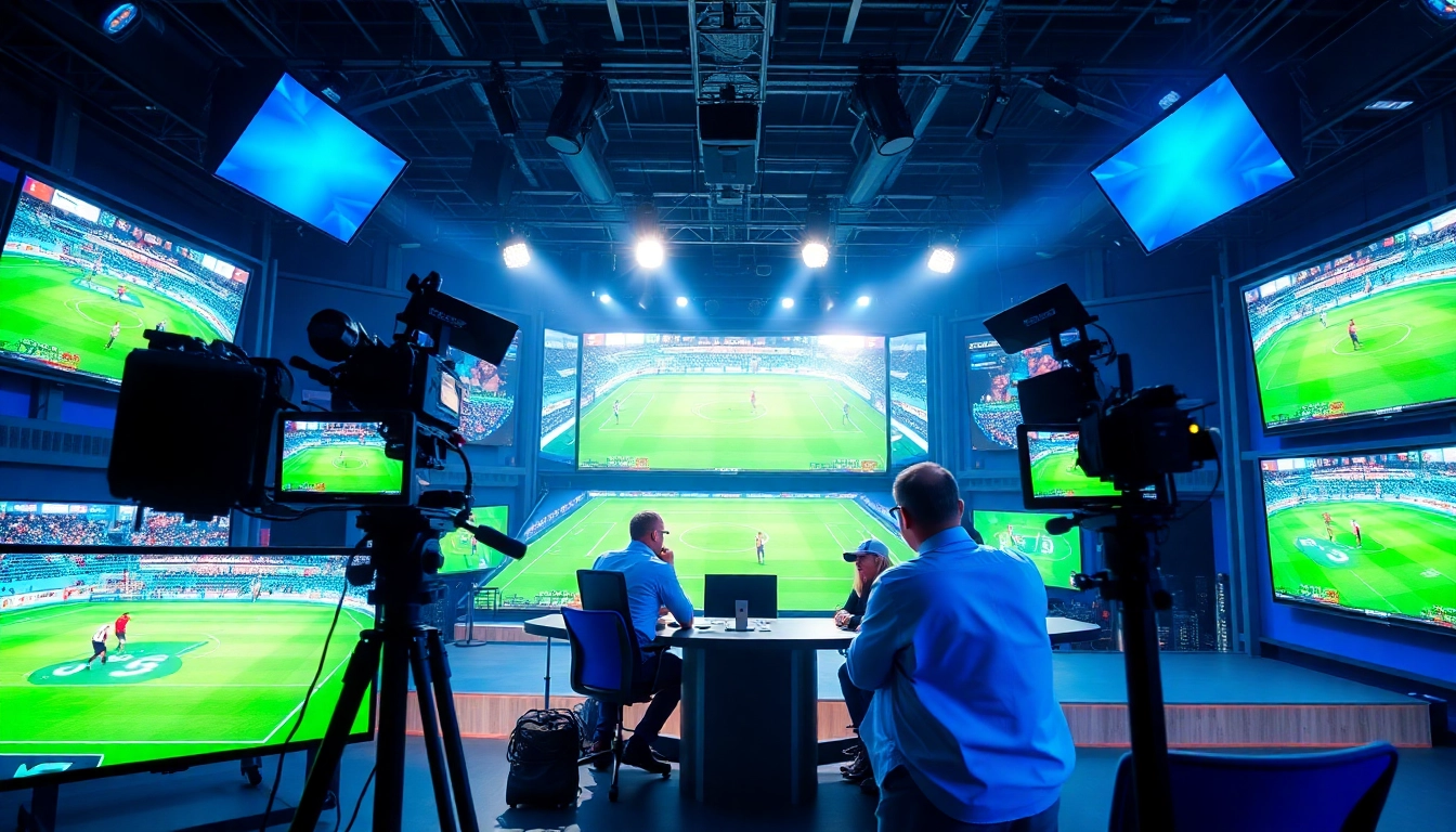 Engaging scene of sports broadcasting hosts in a professional studio with live games on screens.