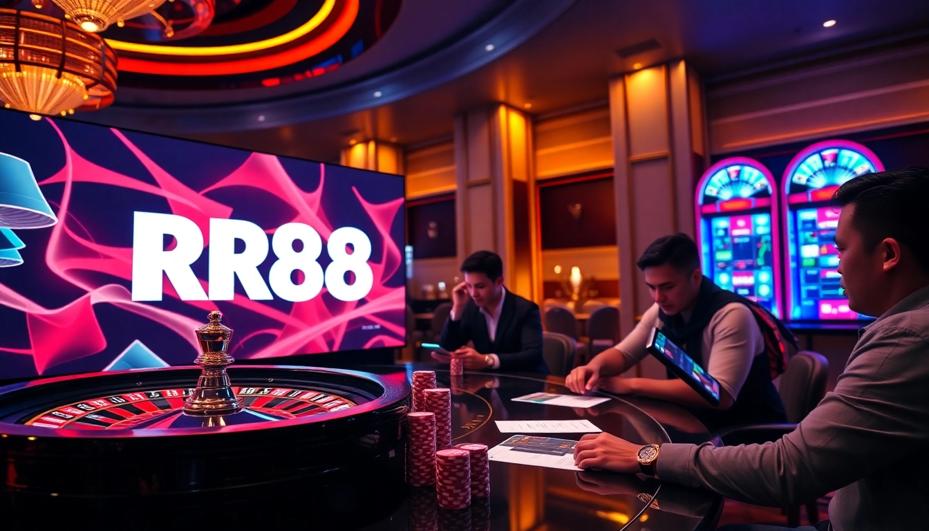 RR88 engaging online gambling scene with a roulette wheel and poker chips.