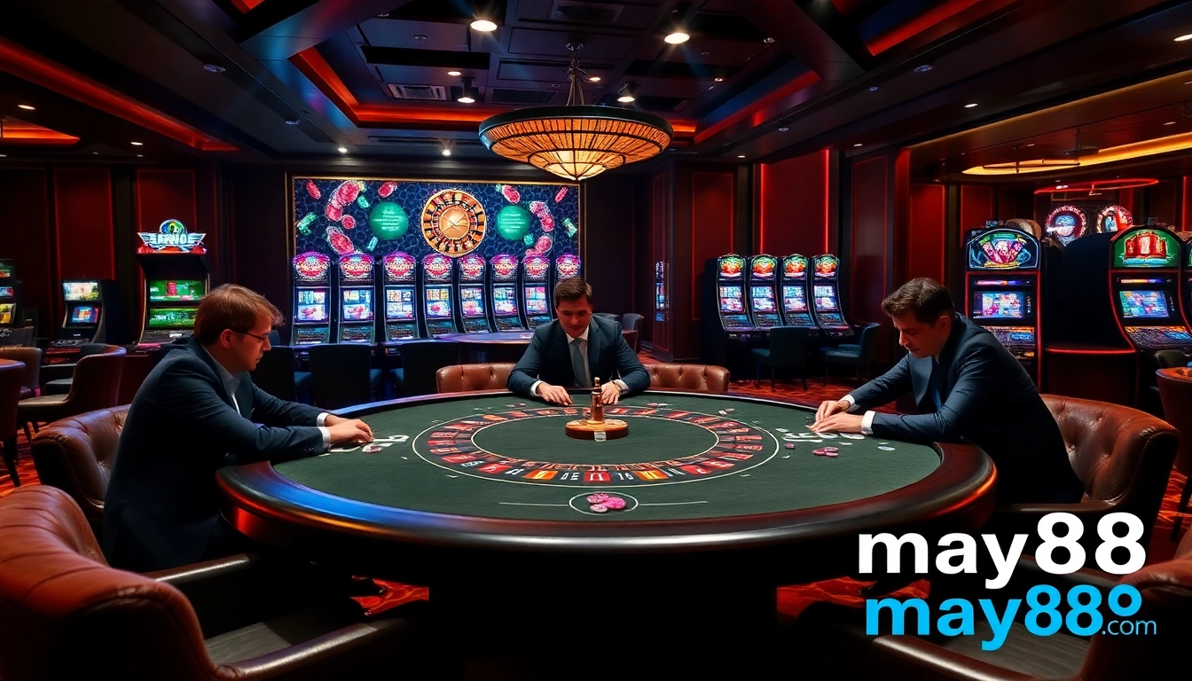 High-stakes poker featuring may88 com with players competing for big wins at a luxurious table.
