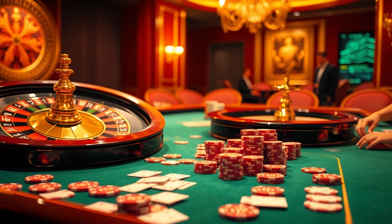 Engaging action at the tha bet online casino with vibrant poker chips and roulette.