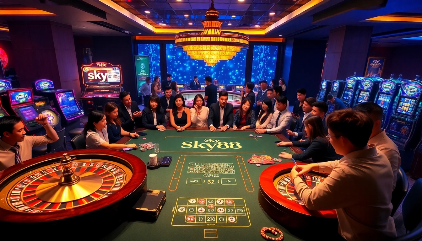 Sky88 themed casino players enjoying an engaging betting experience amid luxury.