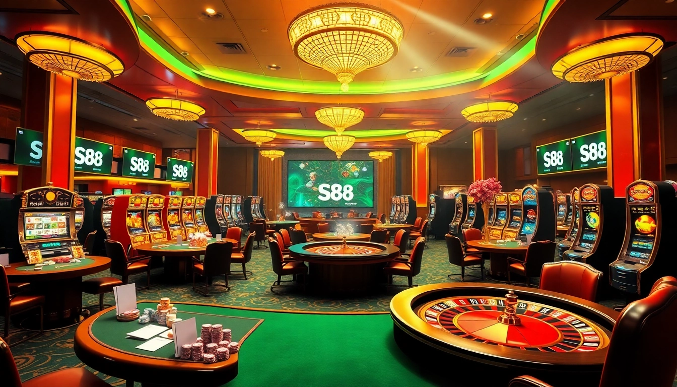 S8 casino scene with poker tables, roulette, and vibrant slot machines showcasing excitement.