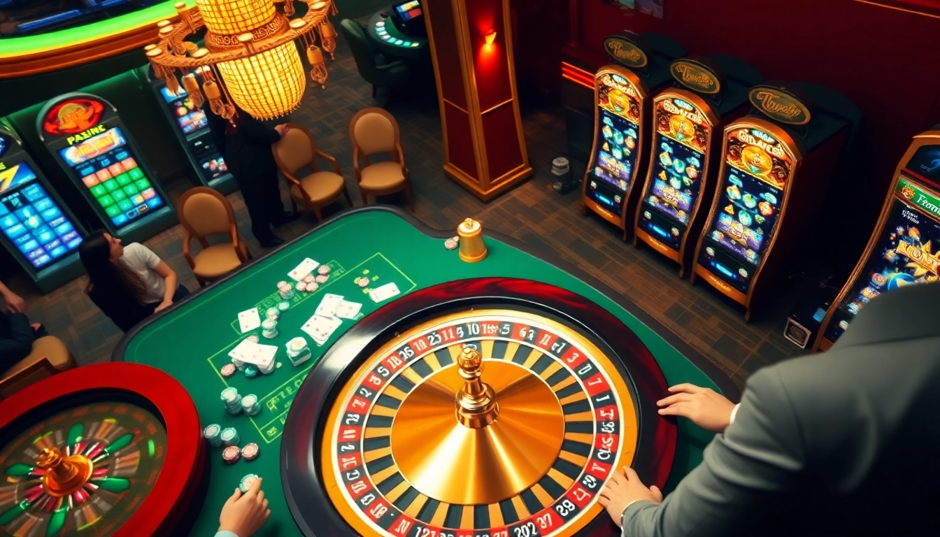 Players engaging with vibrant games at lucky88 casino, celebrating wins beside slot machines.