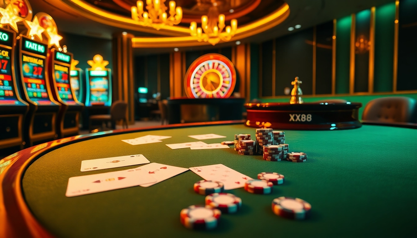 An exciting online gambling scene showcasing a modern gaming table at xx88.com with cards, chips, and slot machines.