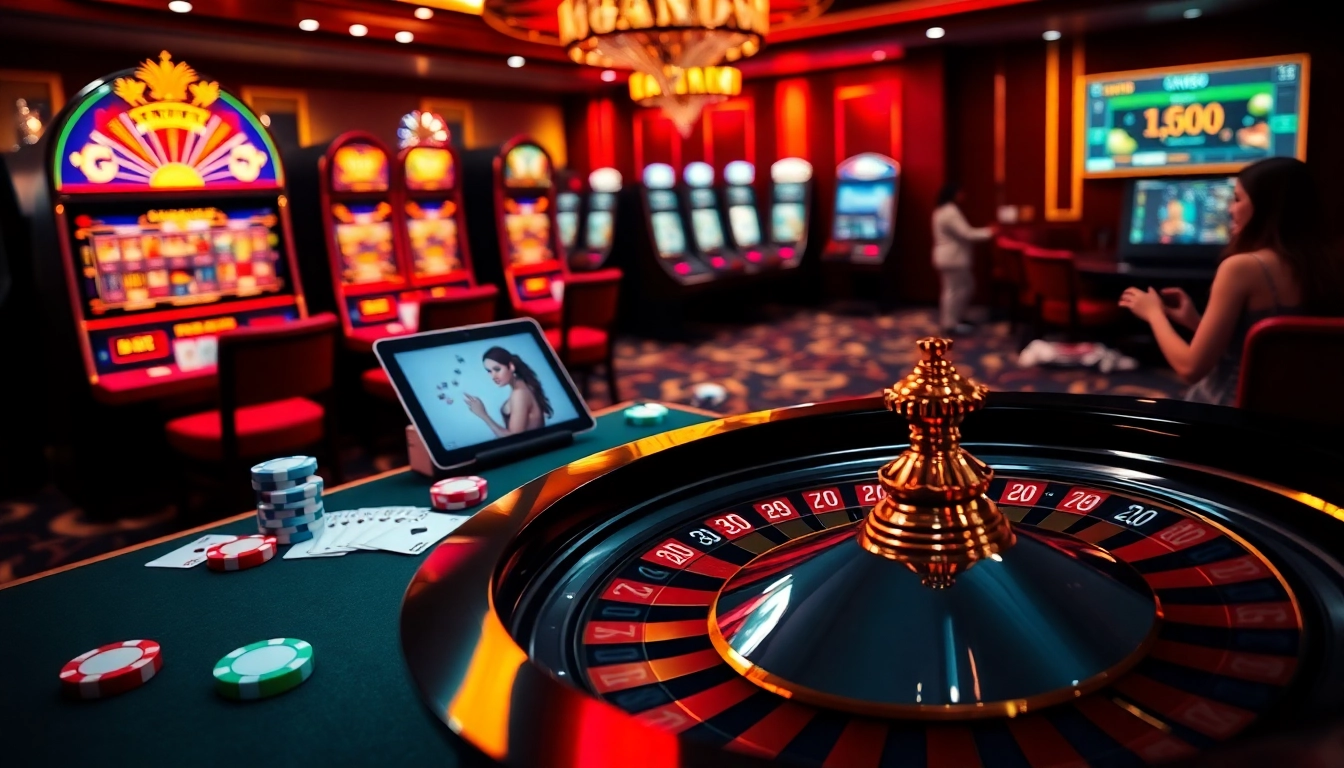 Experience the luxury gaming atmosphere at cm88 with vibrant roulette, poker chips, and slot machines.