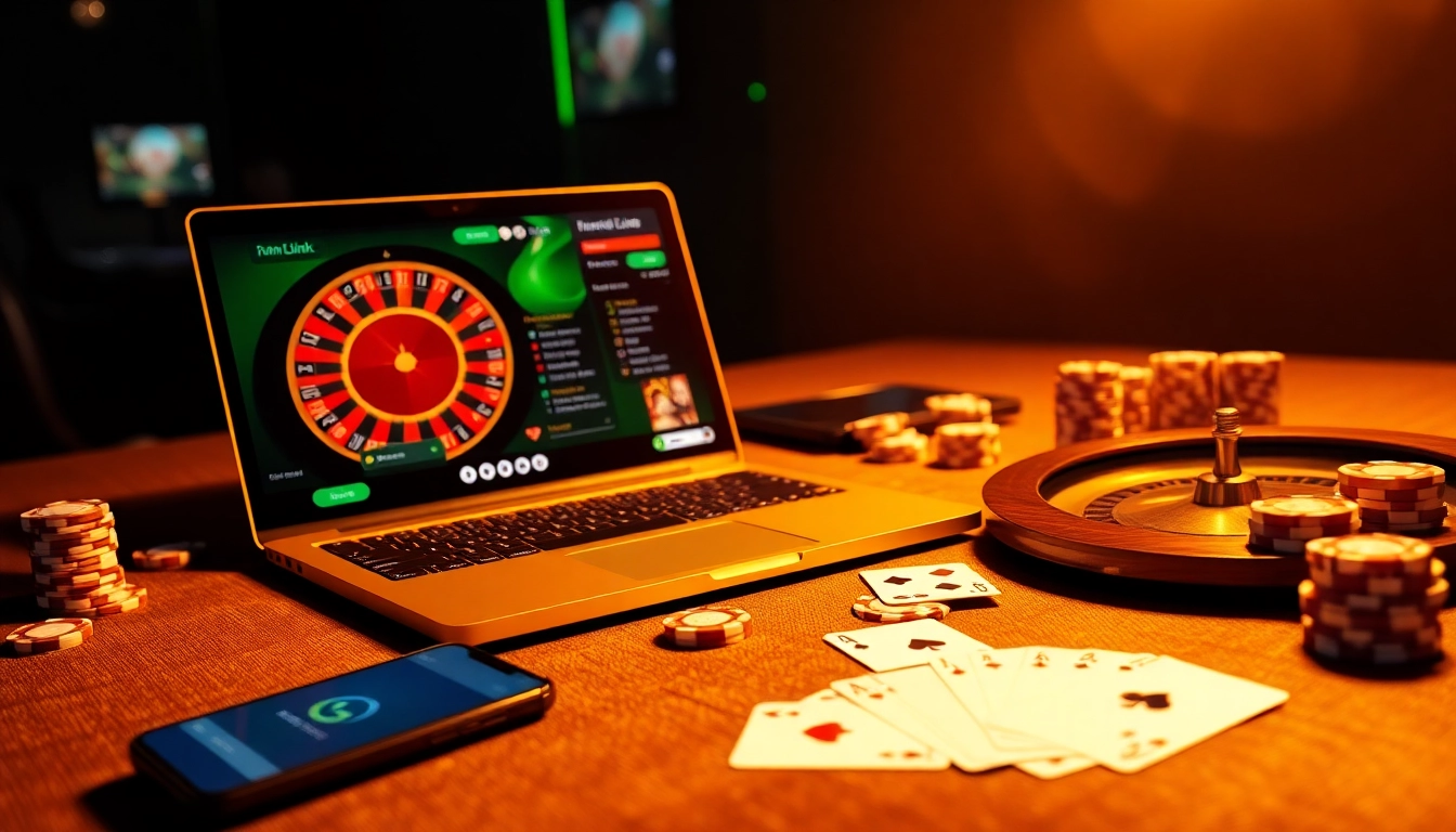 Experience the excitement of mm88 link with a luxurious casino scene featuring roulette, cards, and chips.