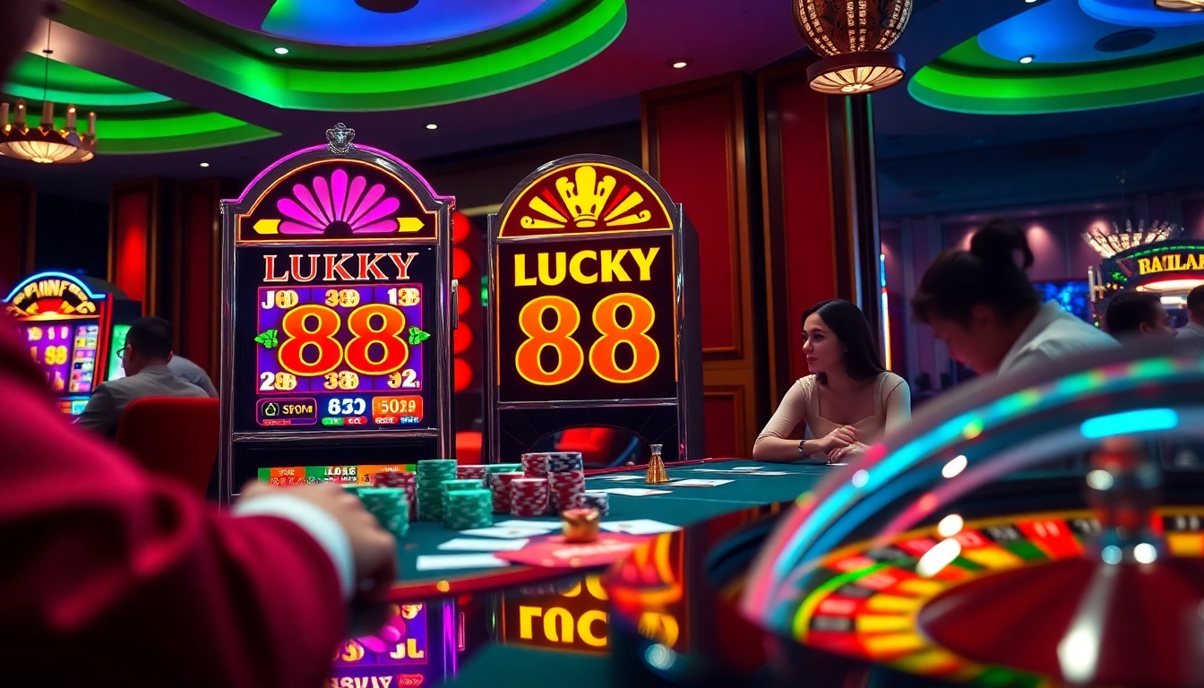 Experience thrilling gameplay with the LUCKY 88 slot machine amidst luxurious casino ambiance.