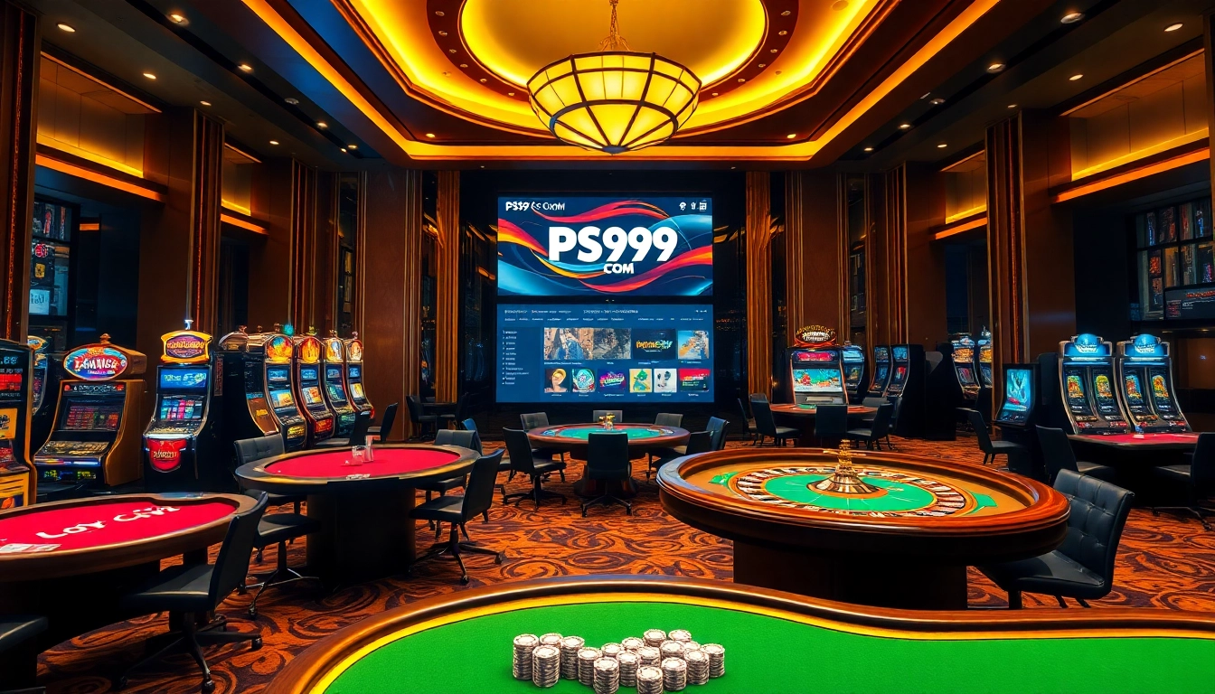 Exciting PS99 COM casino scene featuring poker tables and vibrant slot machines.