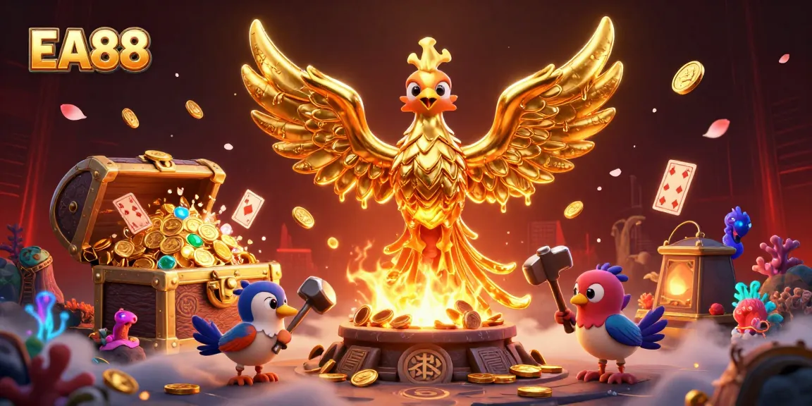 Experience the EA88 phoenix rising, solidifying coins while jackpot slots and treasures surround it.