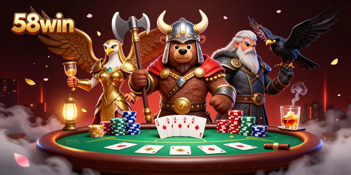 Experience the thrill of 58win with a Viking berserker and Valkyrie eagle amidst colorful poker elements.