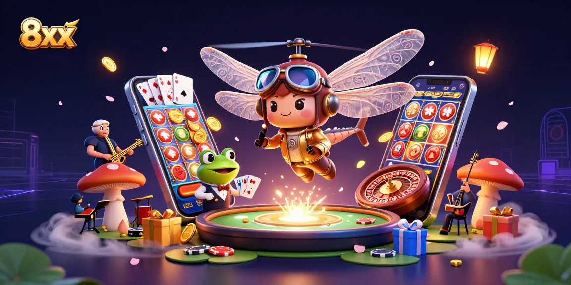 Engage with 8xx's exciting casino experience featuring a dragonfly pilot, frog dealer, and jazz cricket band in a vibrant scene.