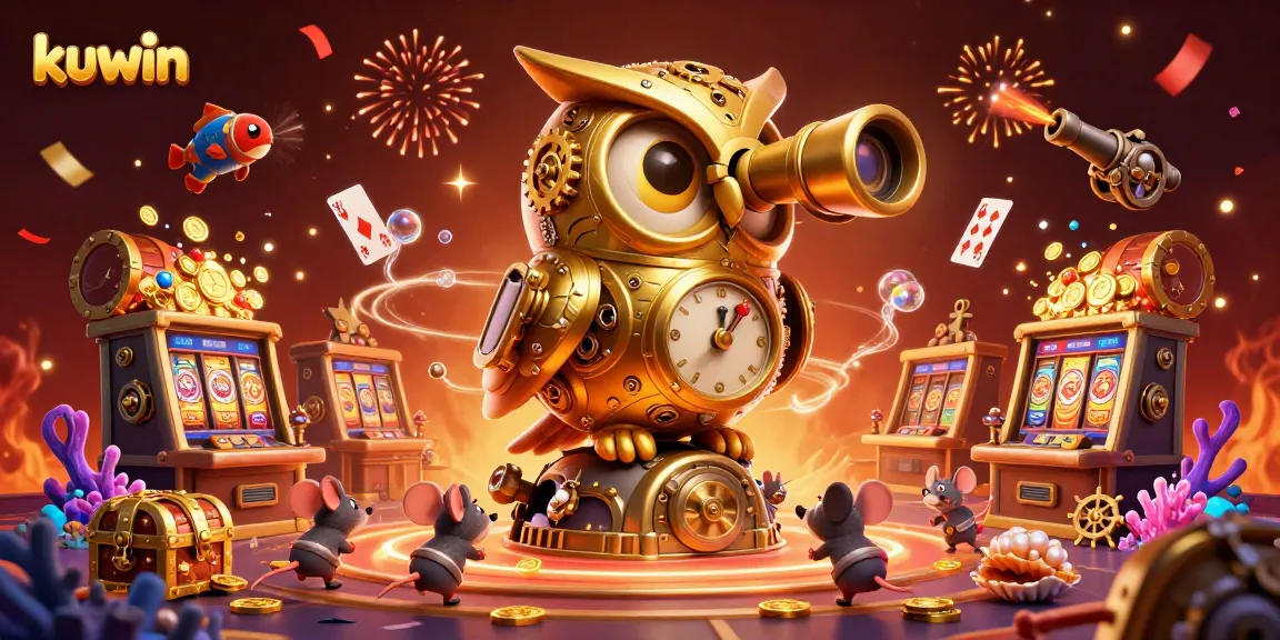 Kuwin showcases a vibrant casino scene with a clockwork owl amid colorful slots and treasure.