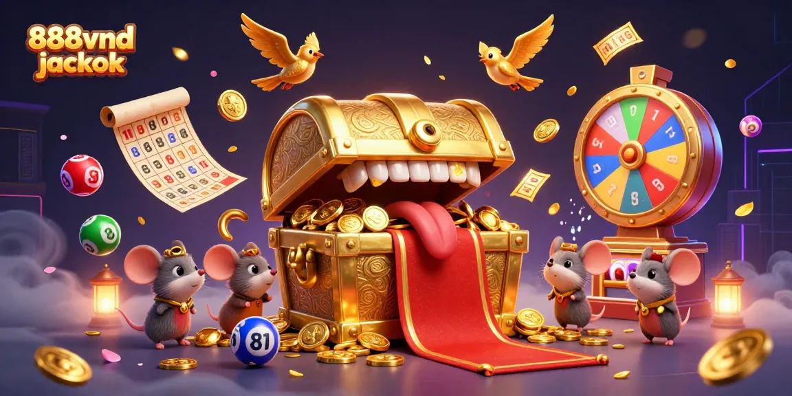 Experience the excitement of the 888vnd jackpot with vibrant lottery elements and a treasure chest in a rich casino scene.