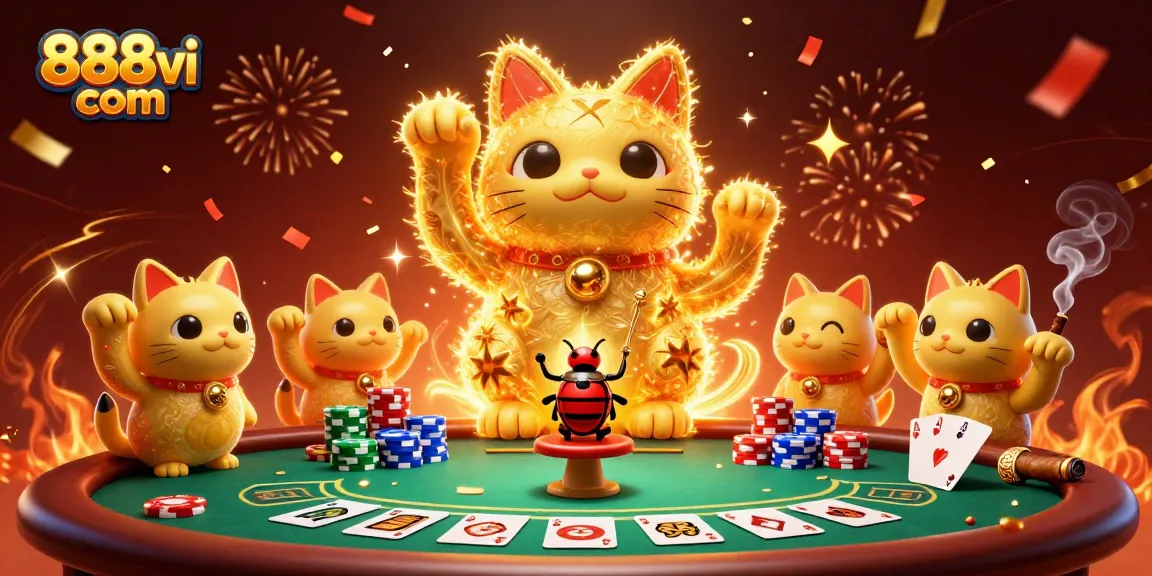 Engage with 888vi com's vibrant casino world as golden fireflies form a lucky cat amidst a lively poker scene.