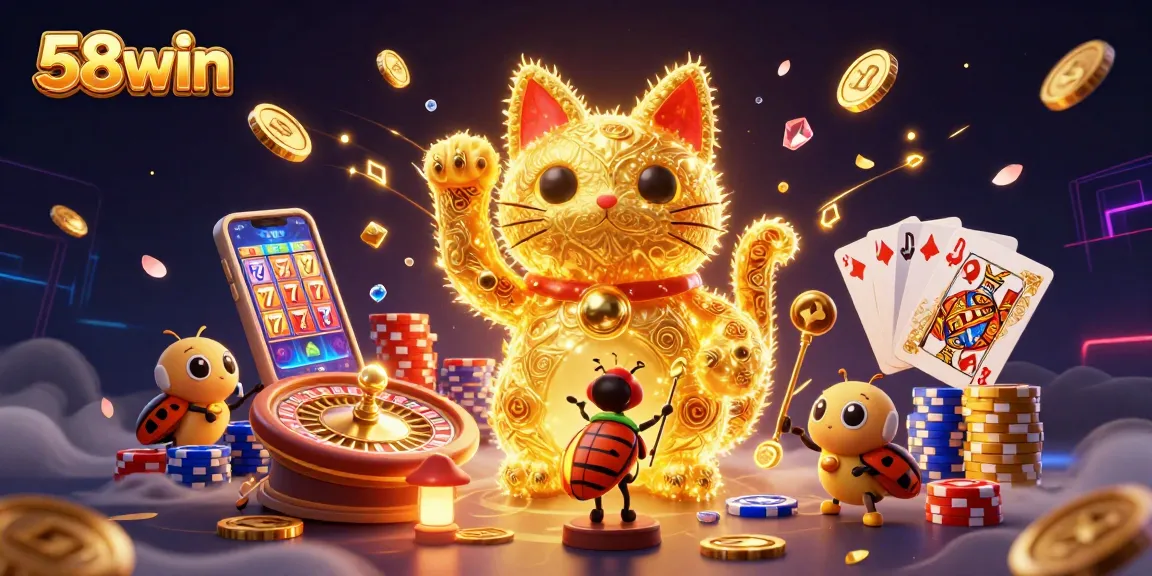 Experience casino magic with the 58win lucky cat amidst sparkling gems and swirling coins.