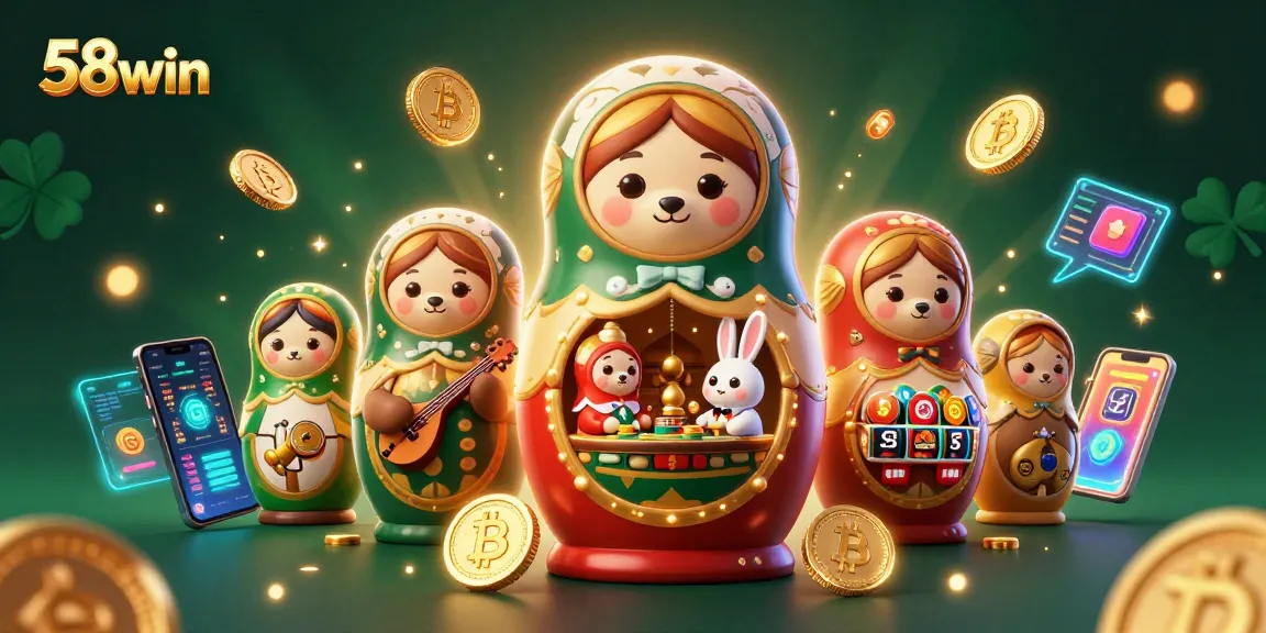 58win showcases a vibrant casino scene featuring bears in dealer outfits and cryptocurrency elements.