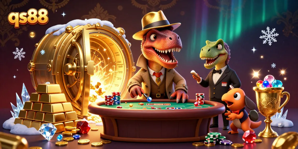 Experience the thrill of qs88 with a cartoon velociraptor at the blackjack table, under watchful eyes.