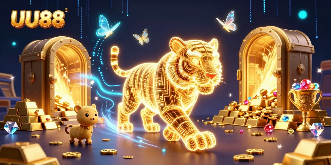 Experience UU88 in a vibrant casino scene with a golden tiger and dazzling treasures.