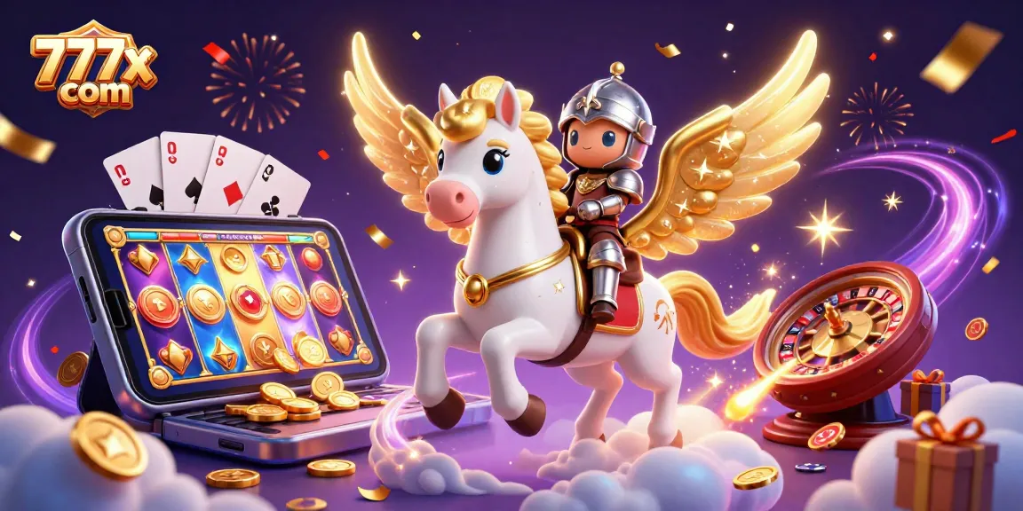 Experience vibrant gaming action with 777x com showcasing a magical horse, knight, and exciting casino elements.