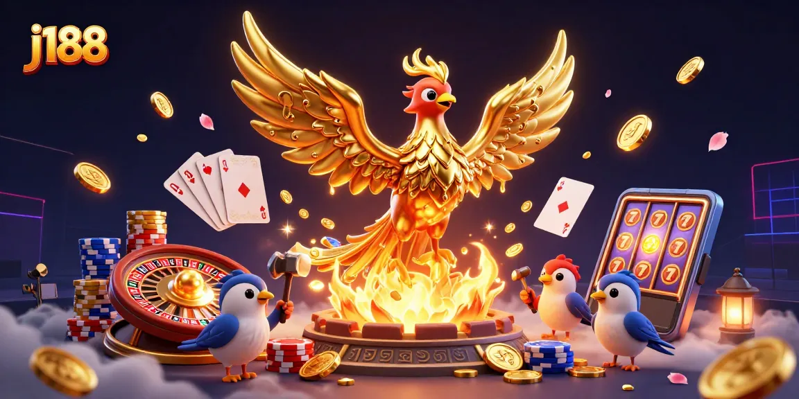 Experience thrilling casino action at j188, featuring molten metal phoenix and golden gambling elements.