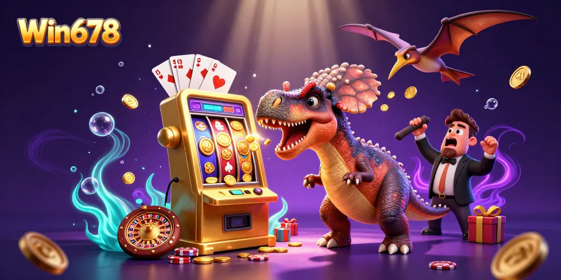 Win678 casino illustration with a dinosaur hitting a slot machine while coins fly around.