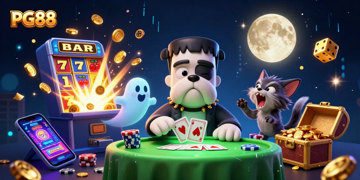 PG88's thrilling gaming scene with Frankenstein bulldog and ghost mouse amidst casino excitement.
