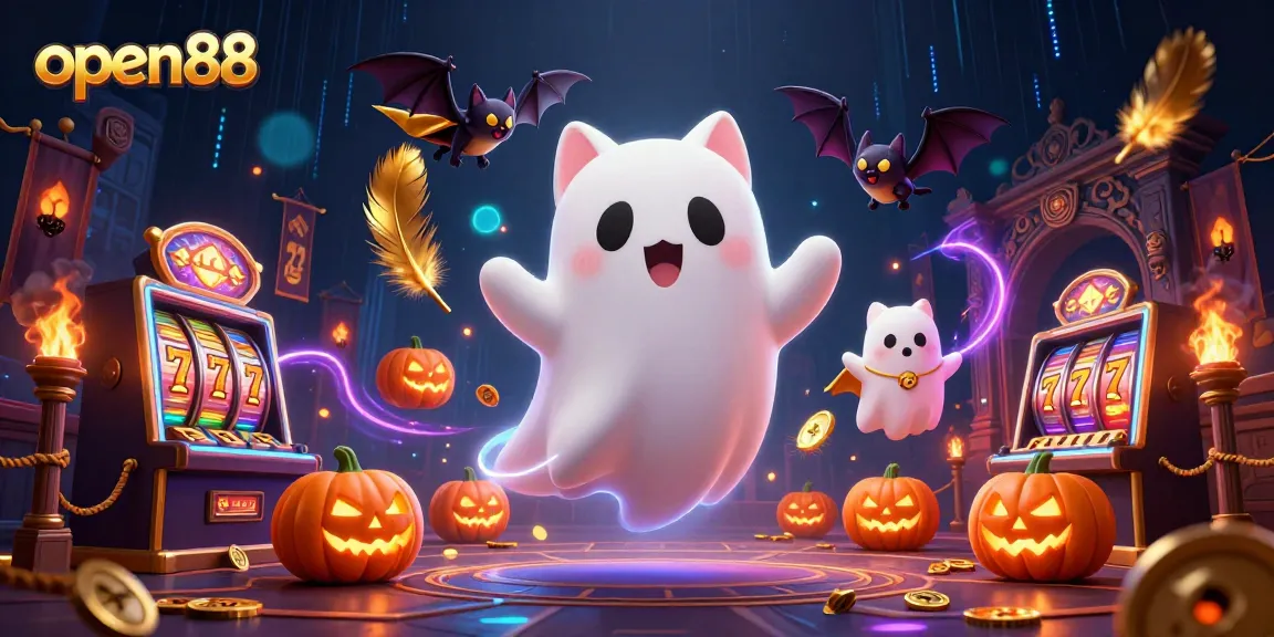 Engage with open88's thrilling slot experience featuring a ghost cat, bat, and glowing jack-o-lanterns.