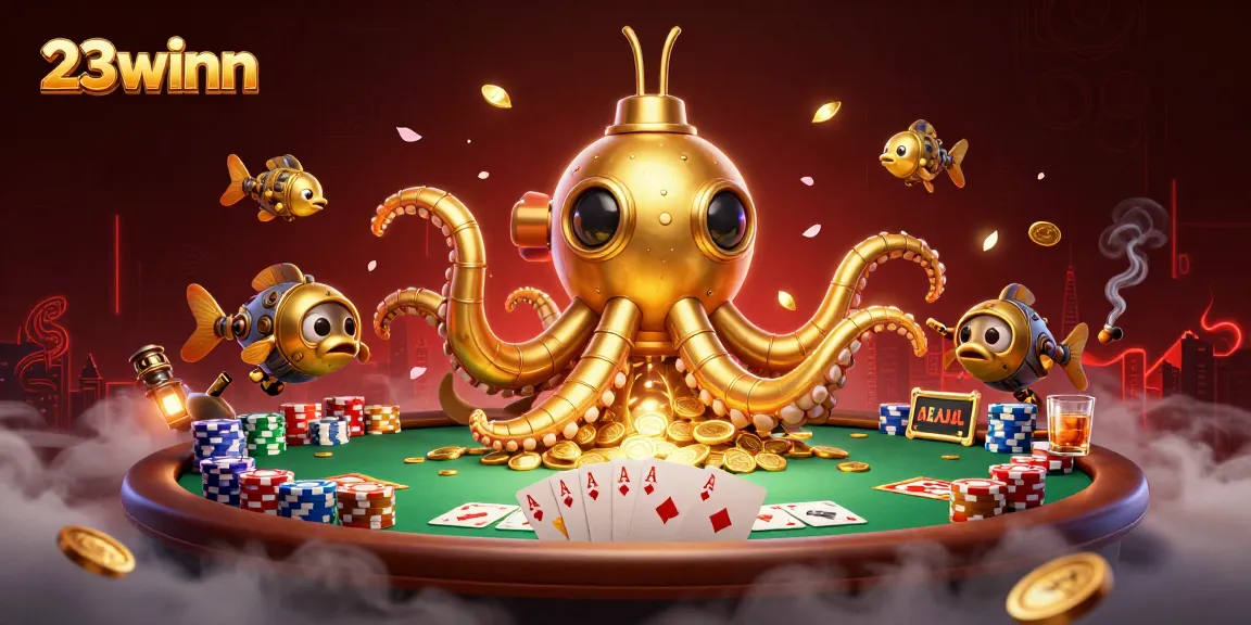 Explore the vibrant casino scene with 23winn's golden kraken and poker elements