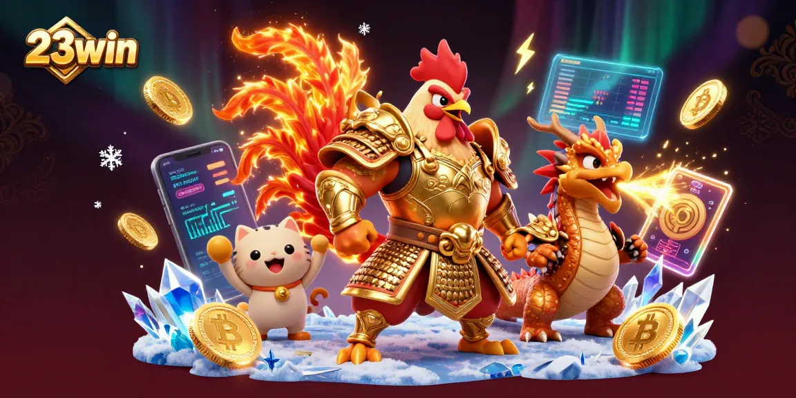 Engage with 23win's thrilling online gaming adventure featuring a rooster warrior and dragon