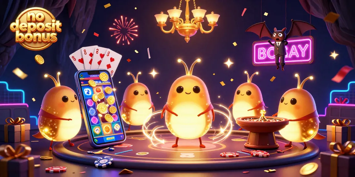 No deposit bonus scene with glowworms lighting up a casino, featuring vibrant slot games and festive decorations.