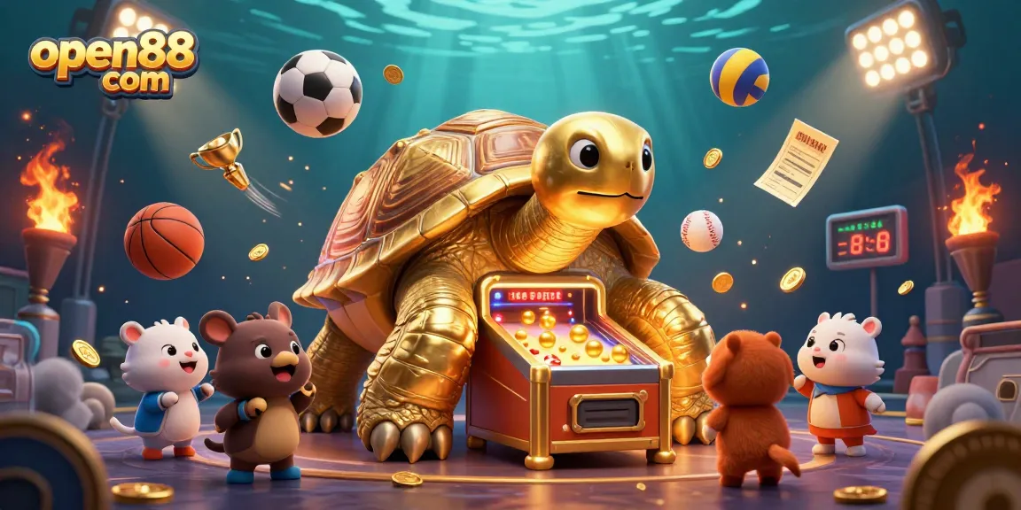 A dynamic scene of small animals gearing up to play on the colossal golden tortoise pinball machine at open88 com.