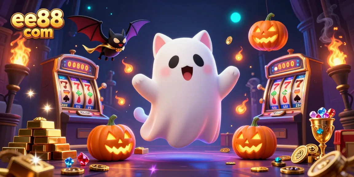 Experience thrilling gameplay at ee88 com with a ghost cat and vampire bat in a vibrant casino.
