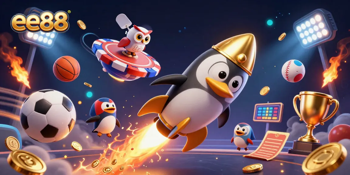Engage with ee88's thrilling casino experience, featuring a golden penguin and dynamic sports elements.
