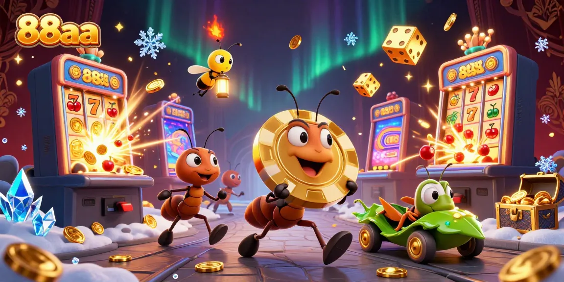 88aa team of cartoon ants executing a casino heist across a dynamic gaming scene filled with excitement.