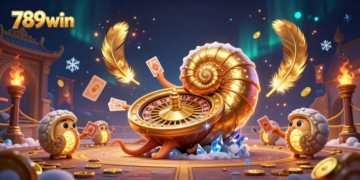 Win at 789win with an energetic 3D casino scene featuring a nautilus roulette wheel.
