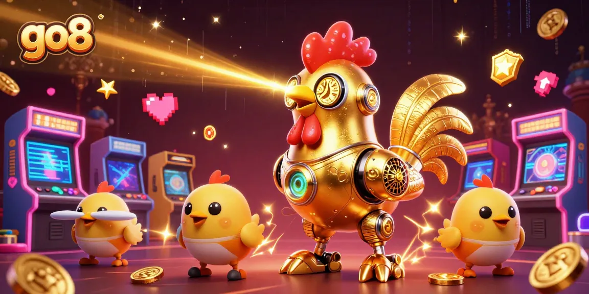 Engage with go8's thrilling games featuring a golden rooster robot and colorful arcade elements in a vibrant casino scene.